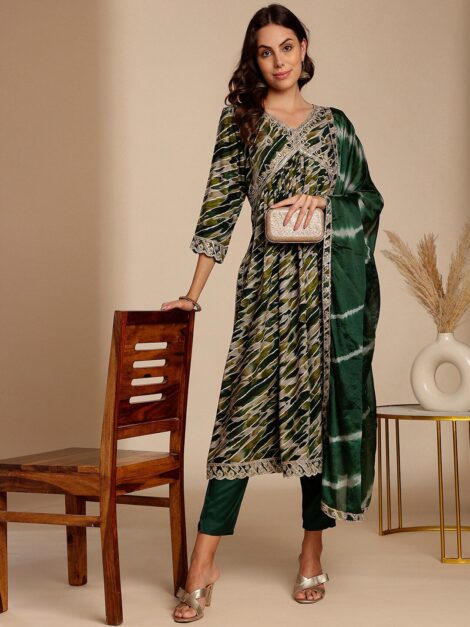 Anouk Abstract Printed Thread Work Kurta & Trousers With Dupatta