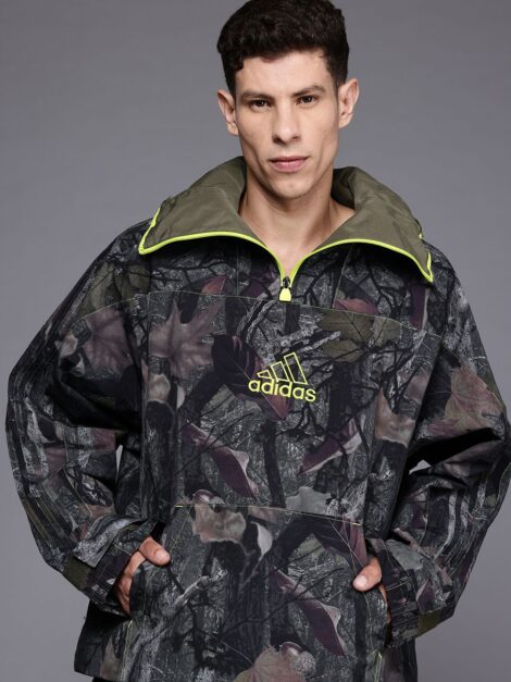 ADIDAS Originals Hooded Camouflage Print Super High Mock Collar Loose Fit Tailored Jacket